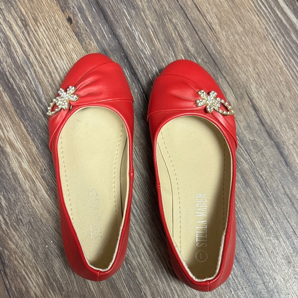 Red Girls Dress Ballet Flats with Rhinestone Accent